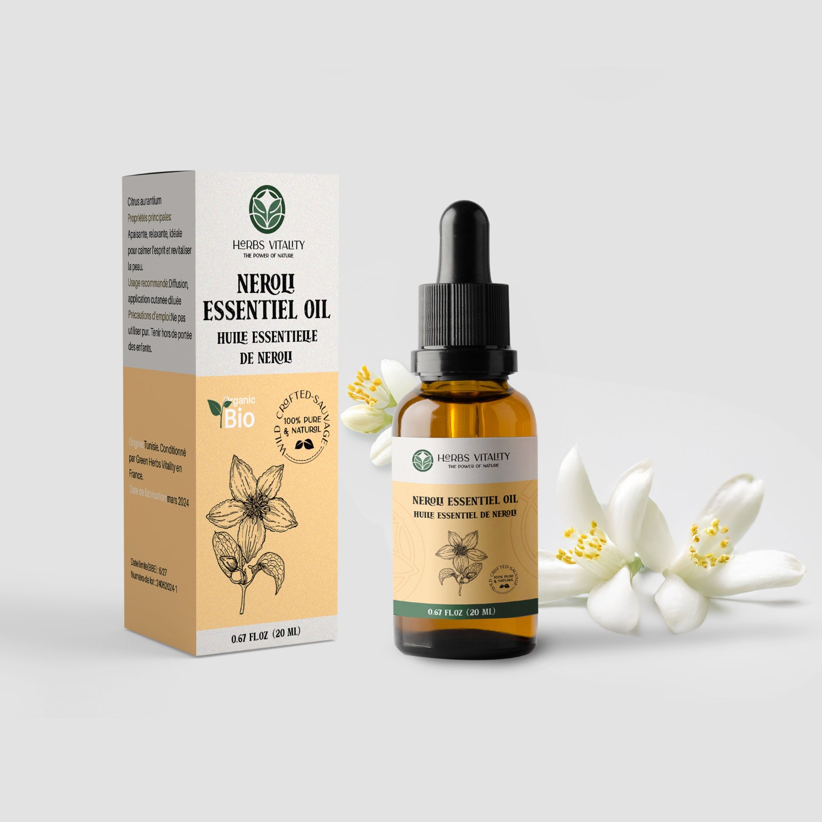 Herbs Vitality Neroli Essential Oil — luxury dropper bottle with orange blossom